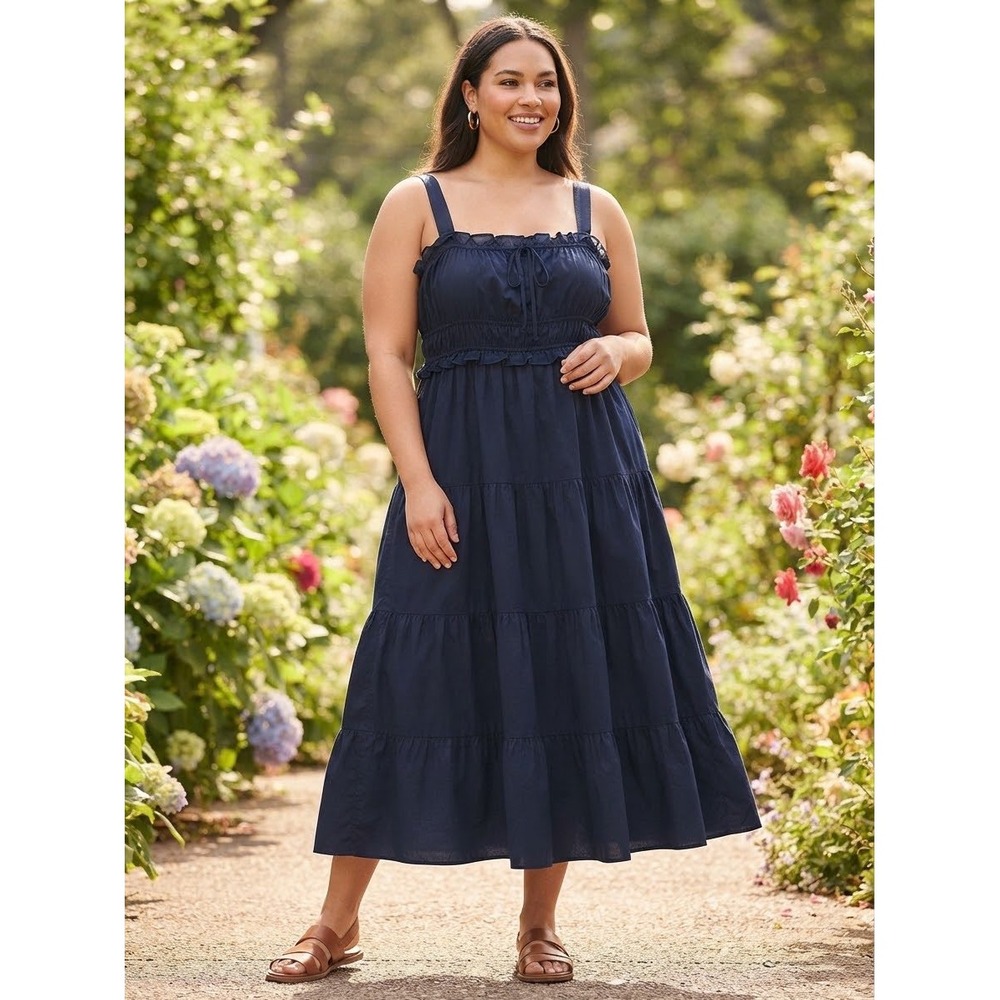 Crown & Ivy Navy Blue Smocked Tiered Midi Dress XXL Cotton Ruffle Sleeveless